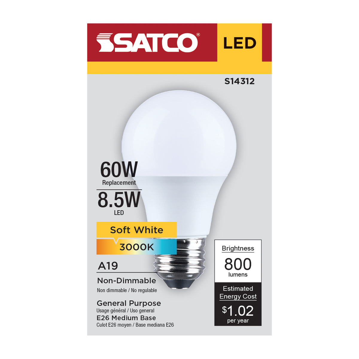 Satco S14312 8.5W A19 Soft White LED Light Bulb Medium Base