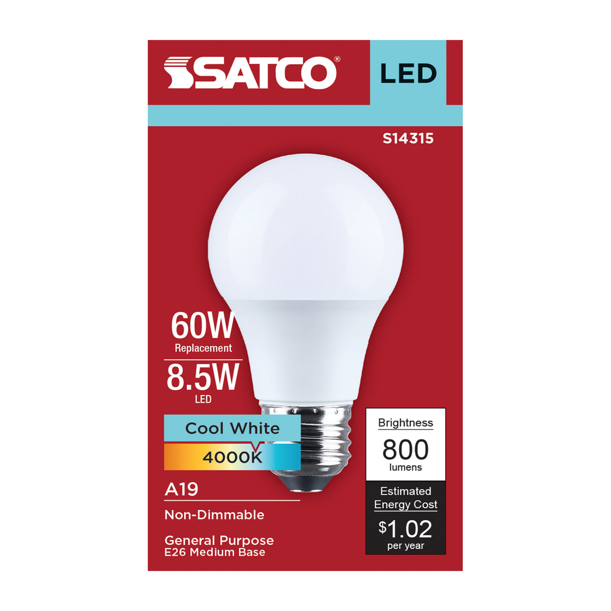 Satco S14315 8.5W A19 Cool White LED Light Bulb Medium Base