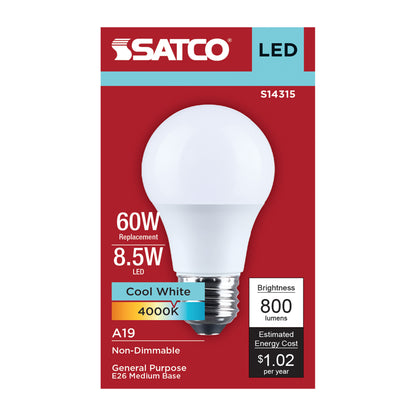 Satco S14315 8.5W A19 Cool White LED Light Bulb Medium Base