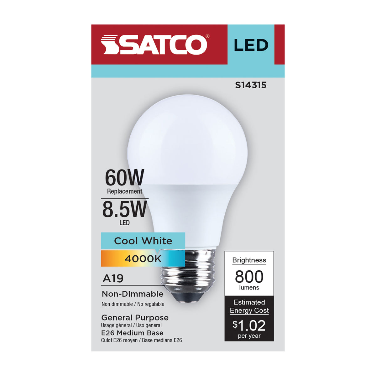 Satco S14315 8.5W A19 Cool White LED Light Bulb Medium Base