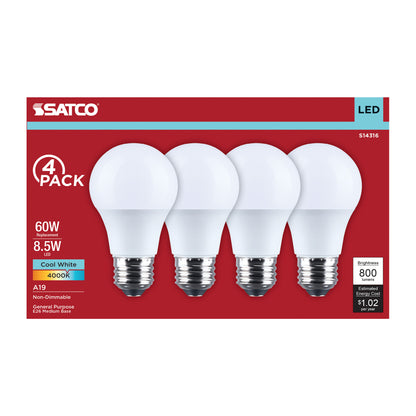 Satco S14316 8.5W A19 Cool White LED Light Bulb Medium Base