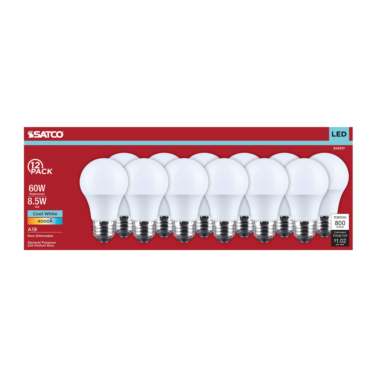 Satco S14317 8.5W A19 Cool White LED Light Bulb Medium Base