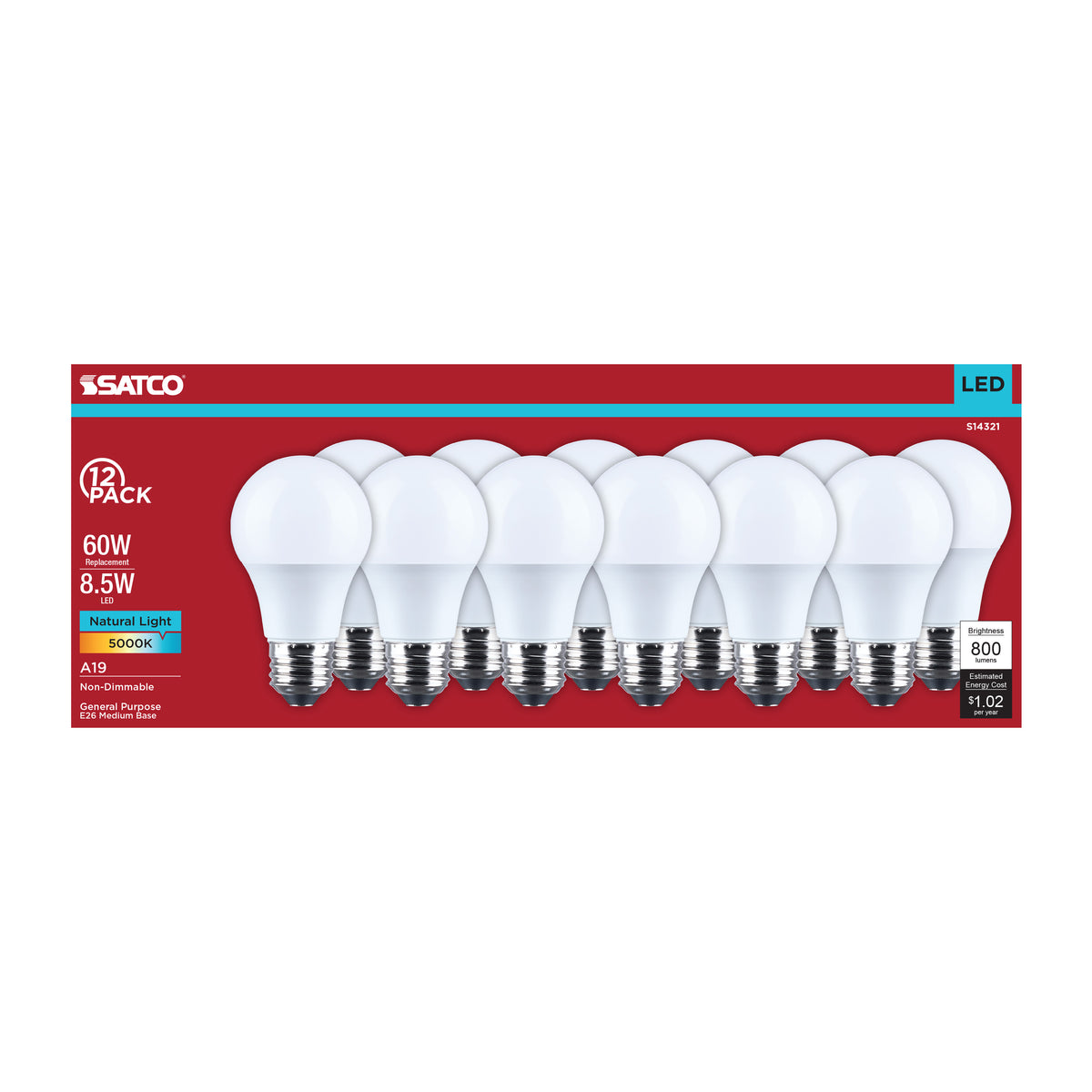 Satco S14321 8.5W A19 Natural Light LED Light Bulb Medium Base
