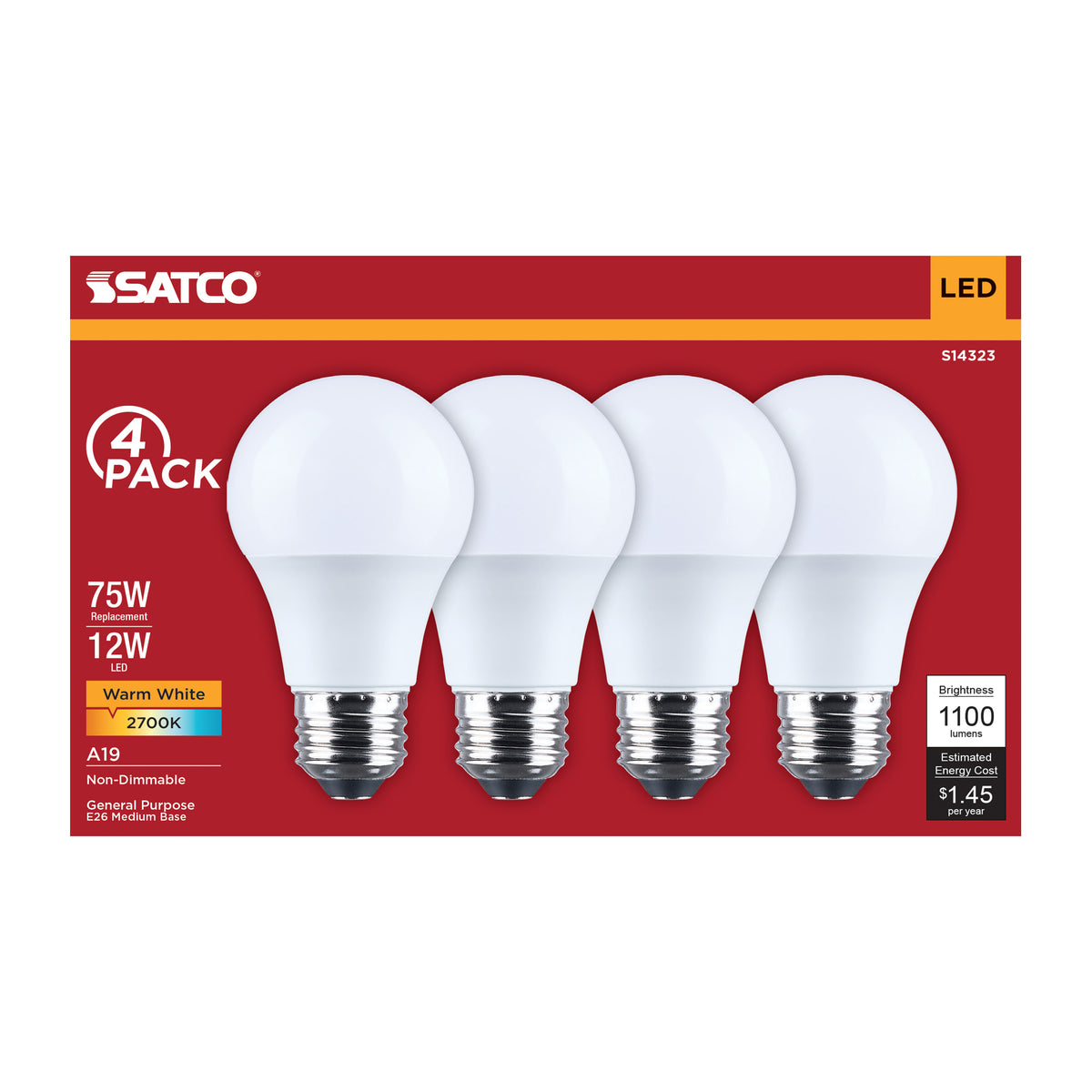 Satco S14323 12W A19 Warm White LED Light Bulb Medium Base