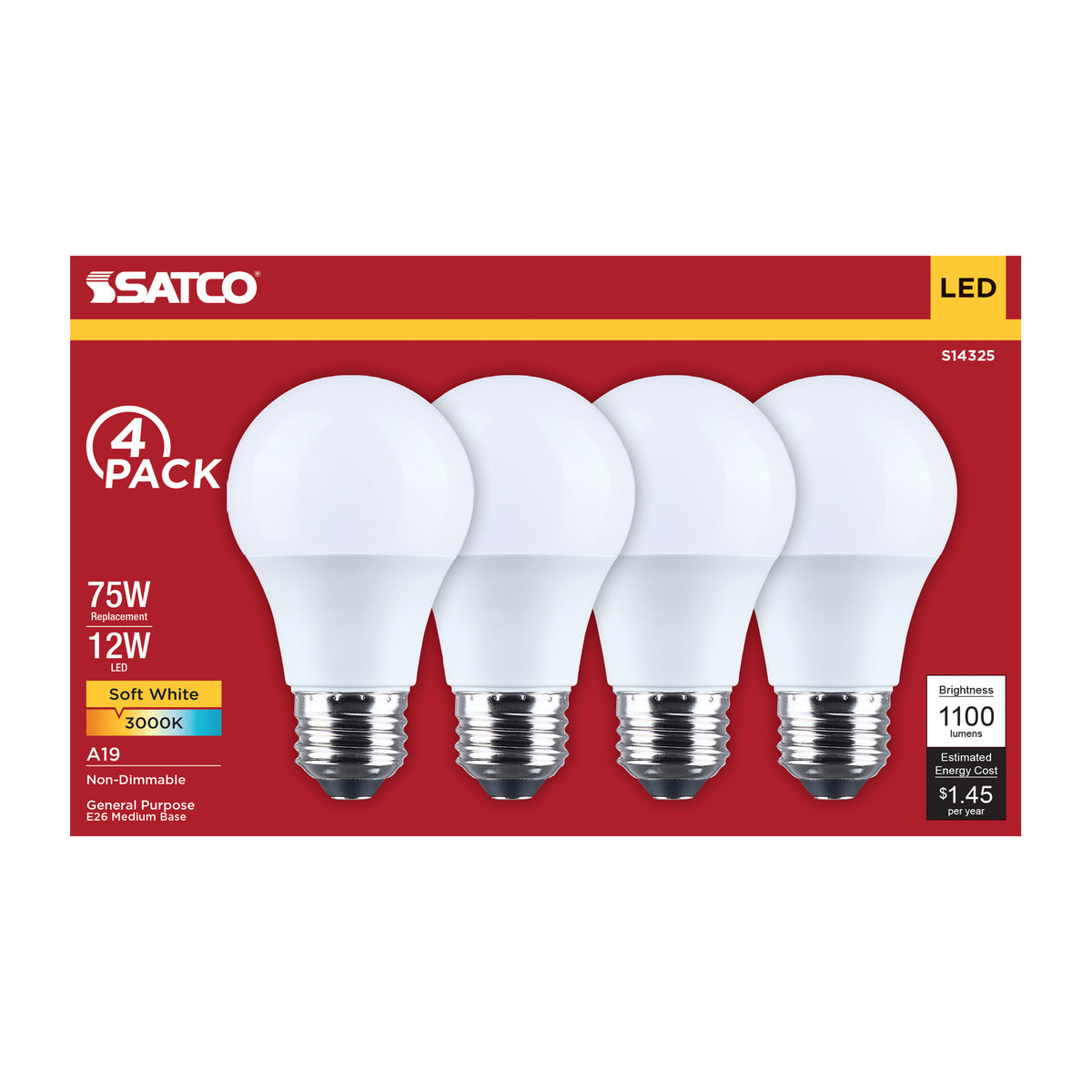 Satco S14325 12W A19 Soft White LED Light Bulb Medium Base