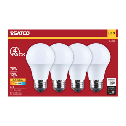 Satco S14325 12W A19 Soft White LED Light Bulb Medium Base