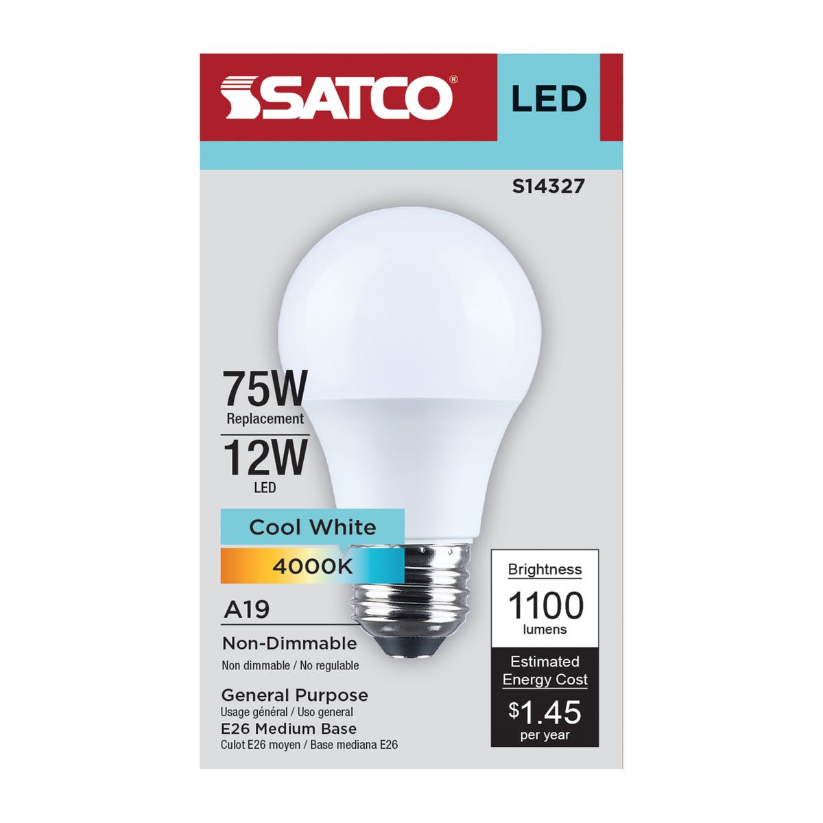 Satco S14327 12W A19 Cool White LED Light Bulb Medium Base