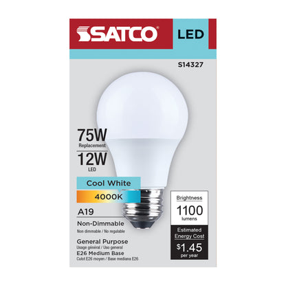 Satco S14327 12W A19 Cool White LED Light Bulb Medium Base