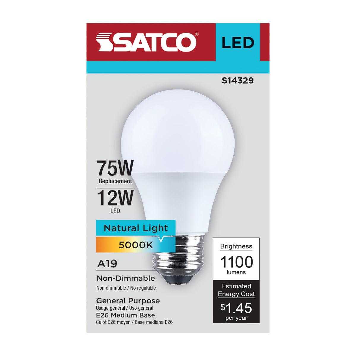 Satco S14329 12W A19 Natural Light LED Light Bulb Medium Base