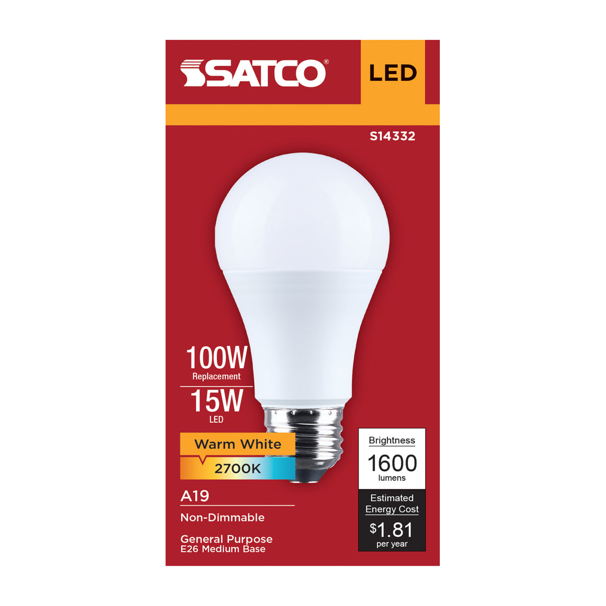 Satco S14332 15W A19 Warm White LED Light Bulb Medium Base