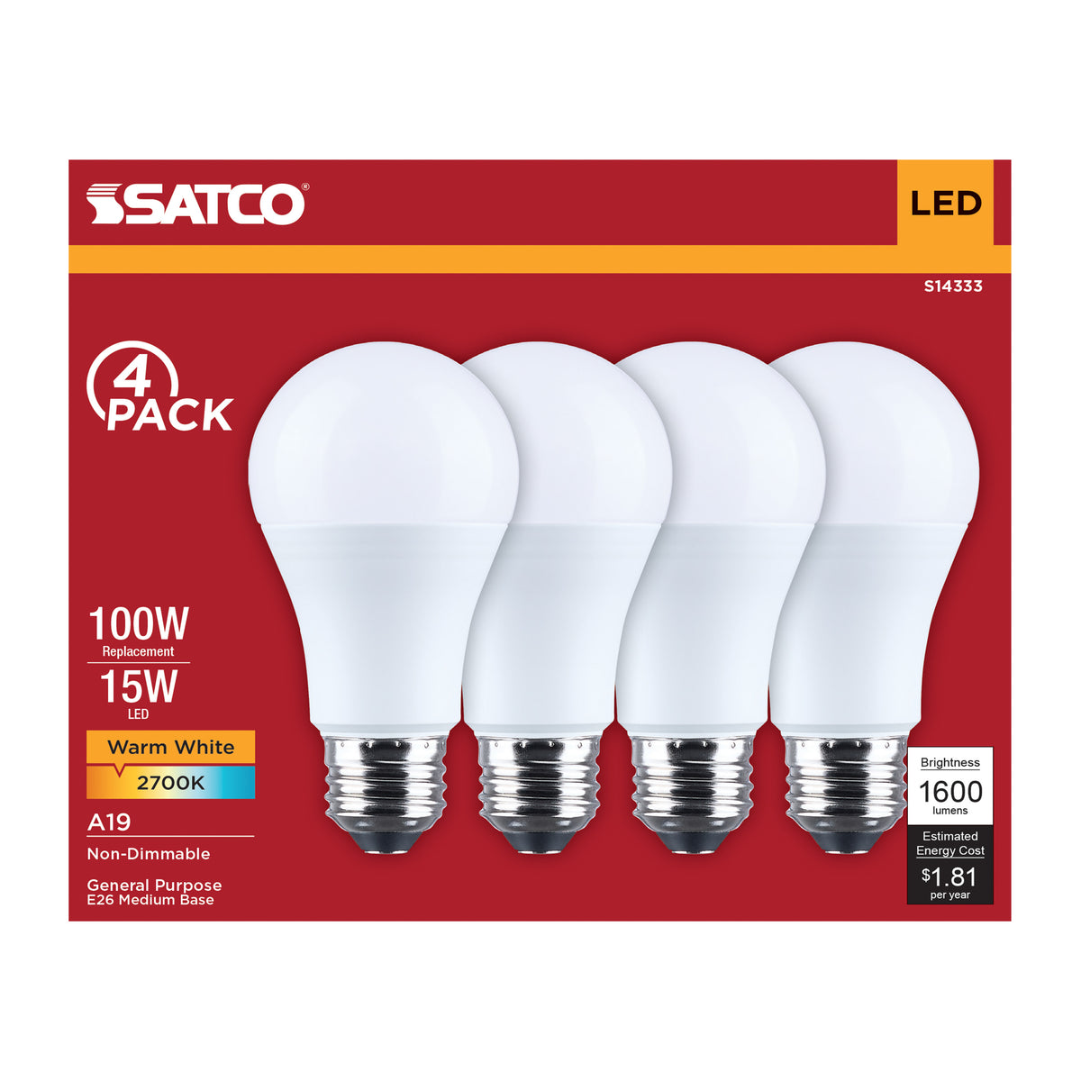 Satco S14333 15W A19 Warm White LED Light Bulb Medium Base
