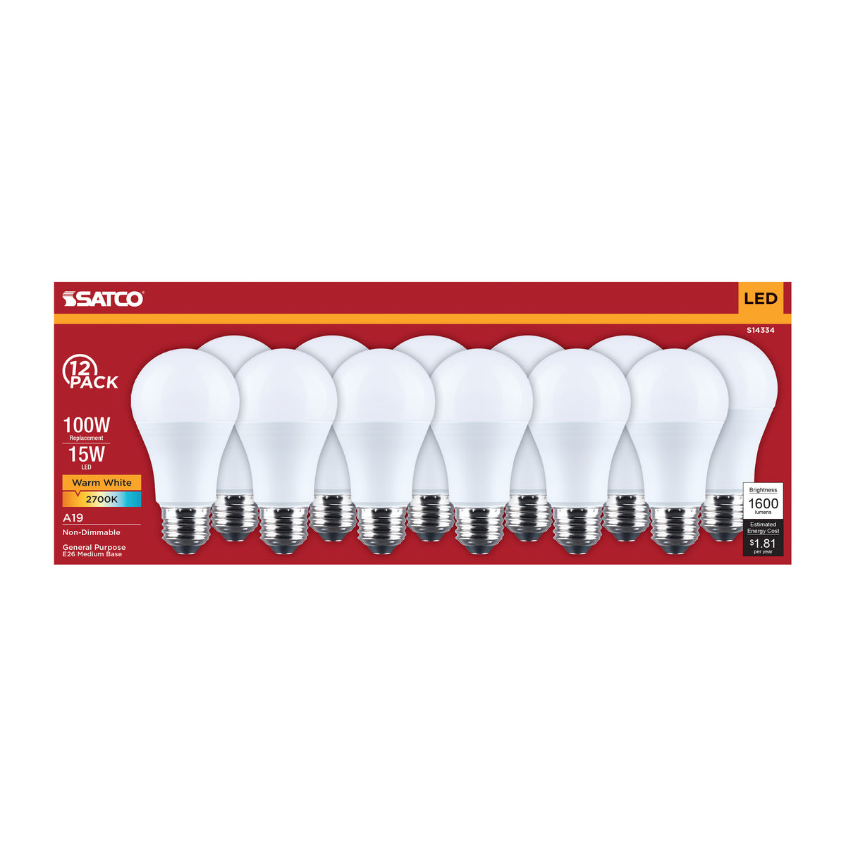 Satco S14334 15W A19 Warm White LED Light Bulb Medium Base