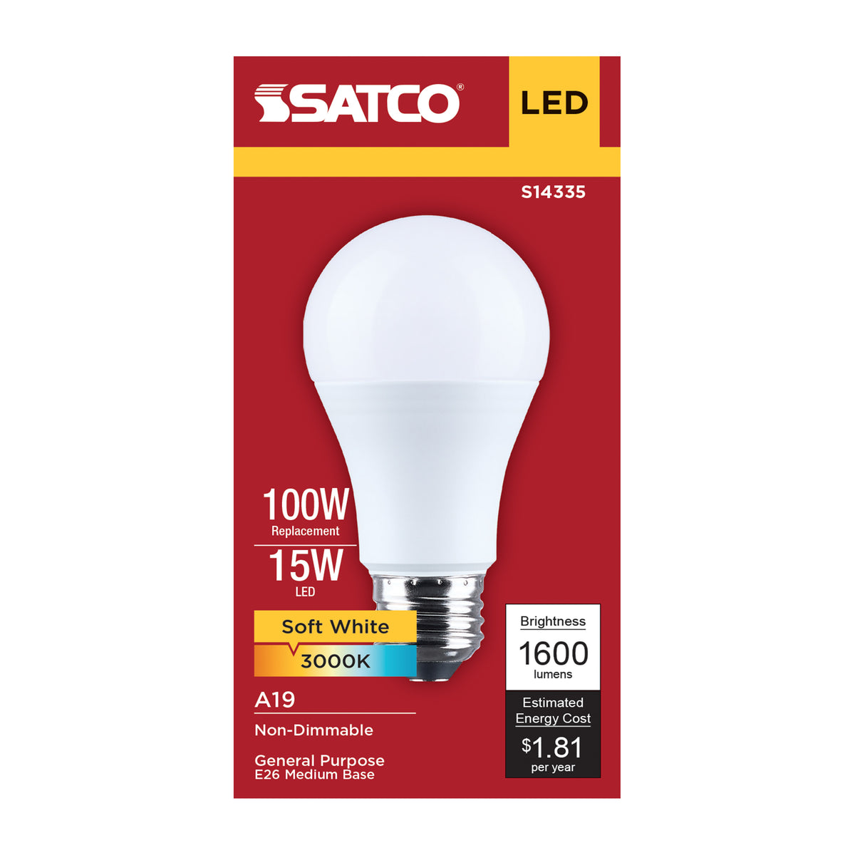 Satco S14335 15W A19 Soft White LED Light Bulb Medium Base