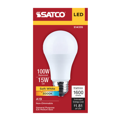 Satco S14335 15W A19 Soft White LED Light Bulb Medium Base