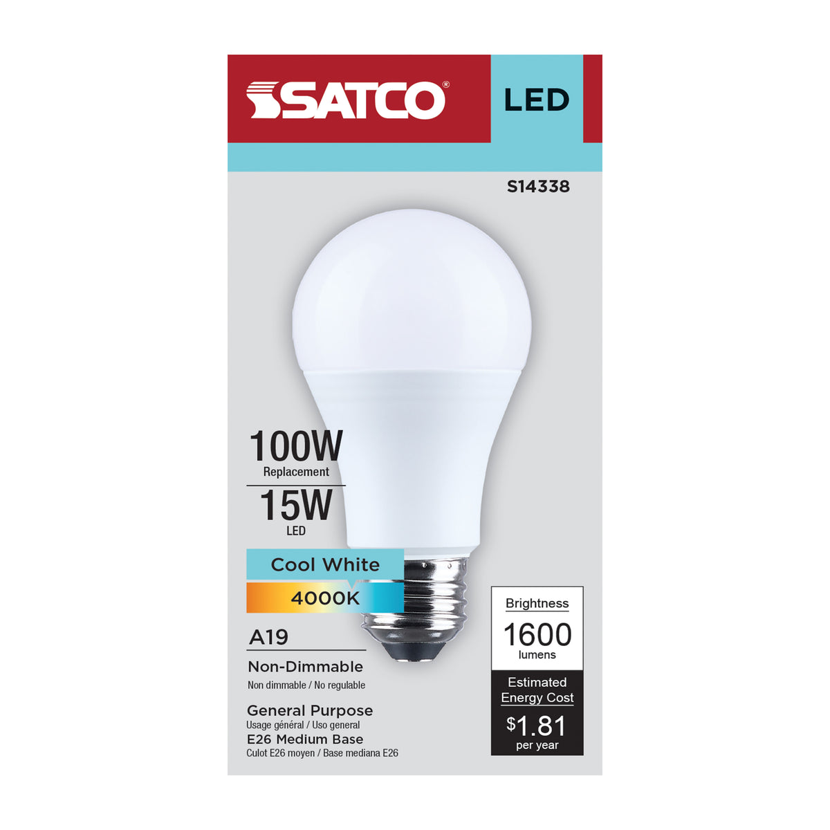 Satco S14338 15W A19 Cool White LED Light Bulb Medium Base