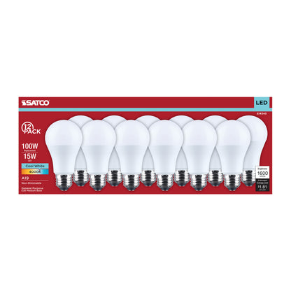 Satco S14340 15W A19 Cool White LED Light Bulb Medium Base