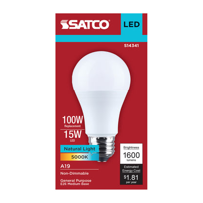 Satco S14341 15W A19 Natural Light LED Light Bulb Medium Base