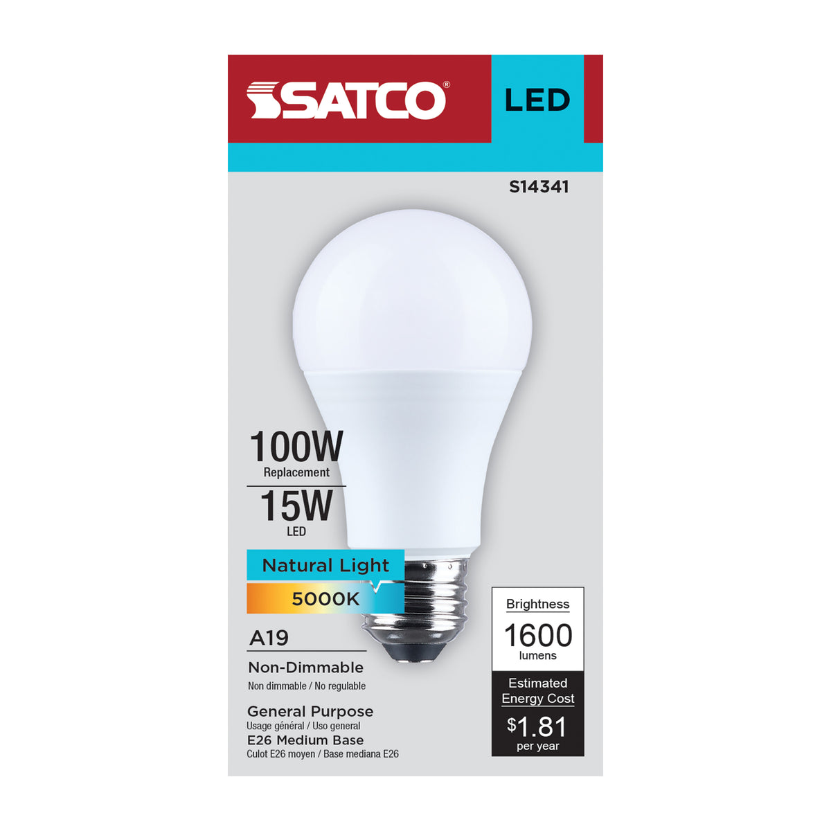 Satco S14341 15W A19 Natural Light LED Light Bulb Medium Base