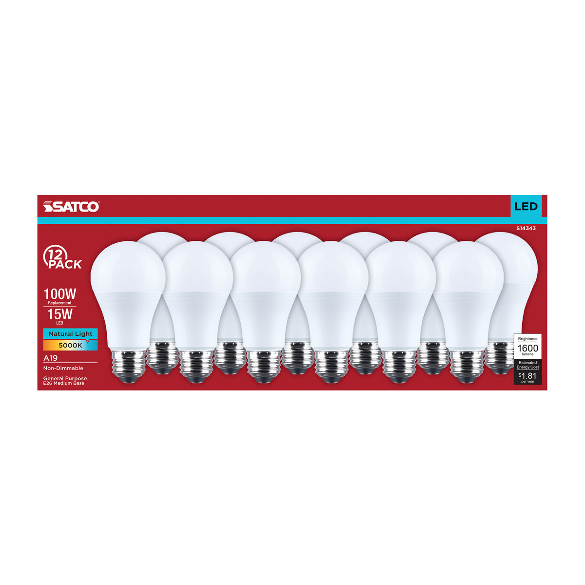 Satco S14343 15W A19 Natural Light LED Light Bulb Medium Base