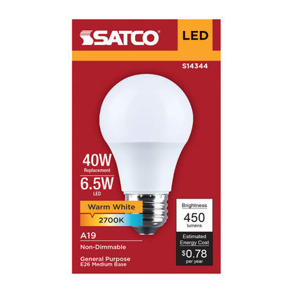 Satco S14344 6.5W A19 Warm White LED Light Bulb Medium Base