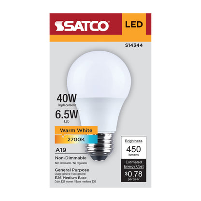 Satco S14344 6.5W A19 Warm White LED Light Bulb Medium Base