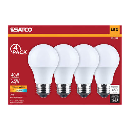 Satco S14345 6.5W A19 Warm White LED Light Bulb Medium Base