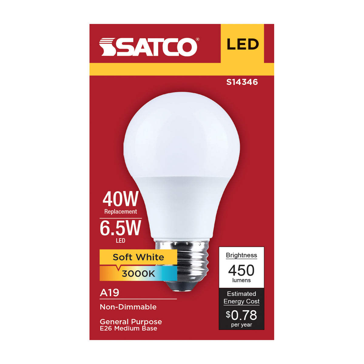 Satco S14346 6.5W A19 Soft White LED Light Bulb Medium Base