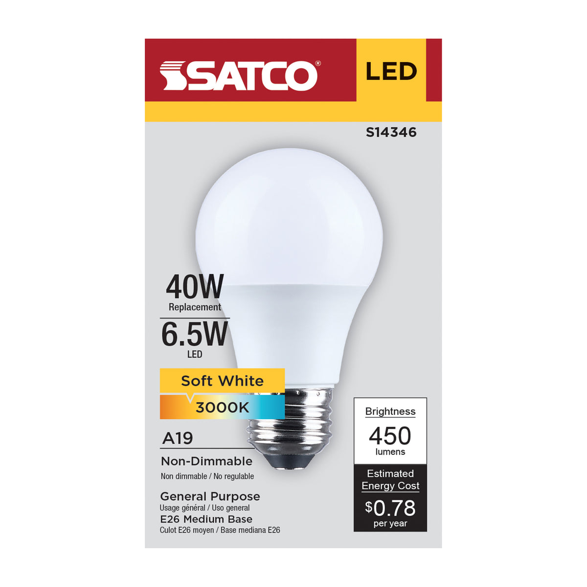 Satco S14346 6.5W A19 Soft White LED Light Bulb Medium Base