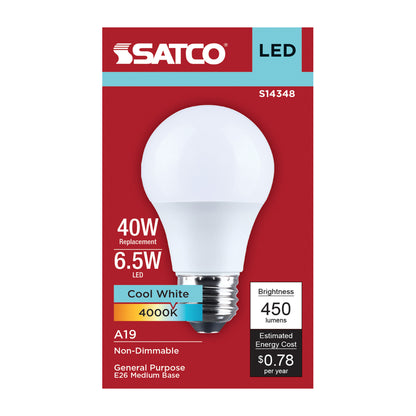 Satco S14348 6.5W A19 Cool White LED Light Bulb Medium Base