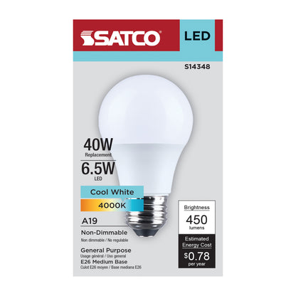 Satco S14348 6.5W A19 Cool White LED Light Bulb Medium Base