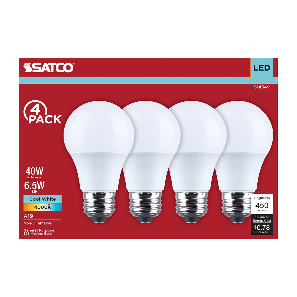 Satco S14349 6.5W A19 Cool White LED Light Bulb Medium Base