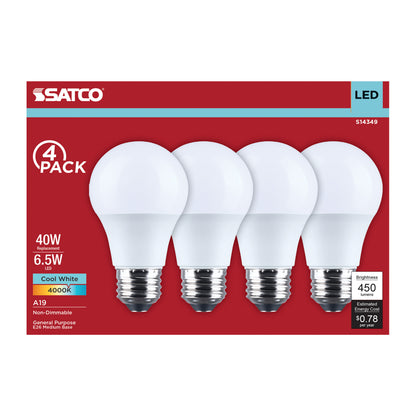Satco S14349 6.5W A19 Cool White LED Light Bulb Medium Base