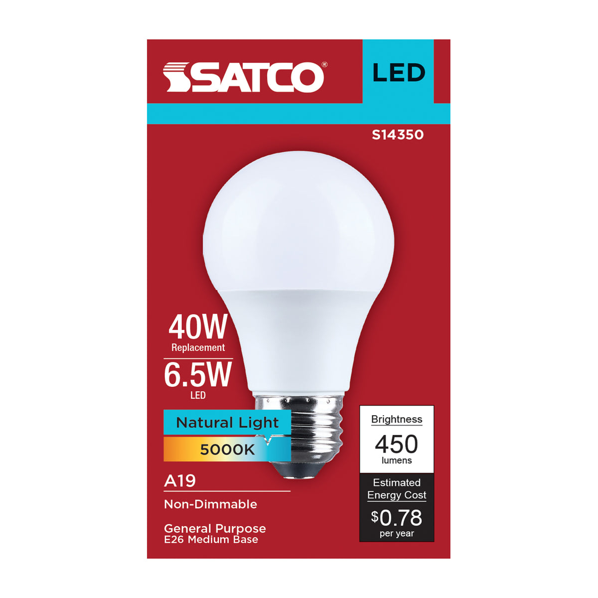 Satco S14350 6.5W A19 Natural Light LED Light Bulb Medium Base