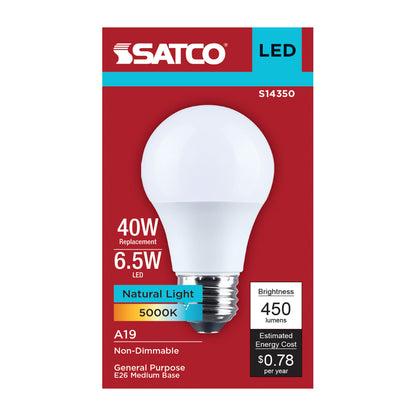 Satco S14350 6.5W A19 Natural Light LED Light Bulb Medium Base