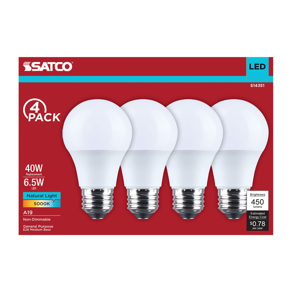 Satco S14351 6.5W A19 Natural Light LED Light Bulb Medium Base