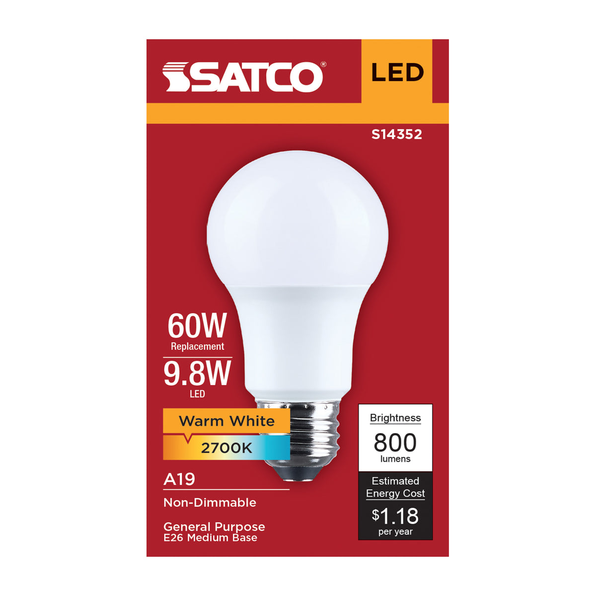 Satco S14352 9.8W A19 Warm White LED Light Bulb Medium Base