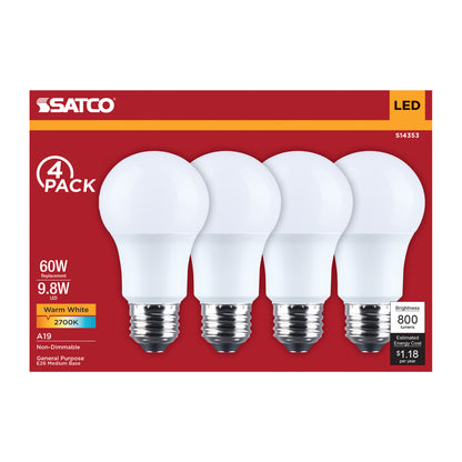 Satco S14353 9.8W A19 Warm White LED Light Bulb Medium Base