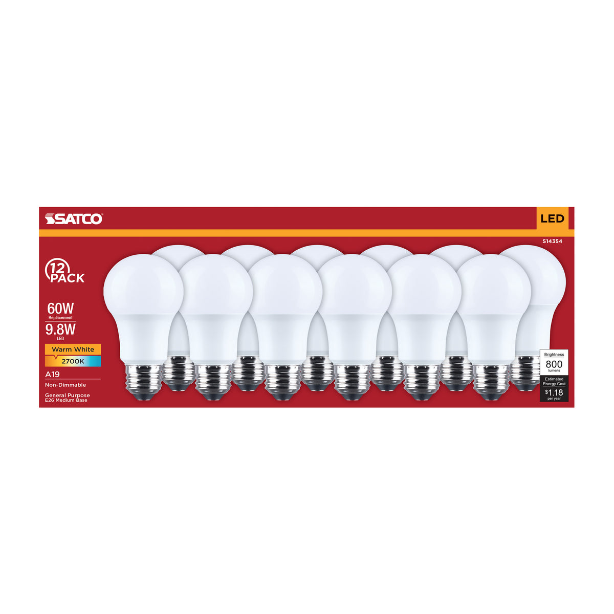 Satco S14354 9.8W A19 Warm White LED Light Bulb Medium Base