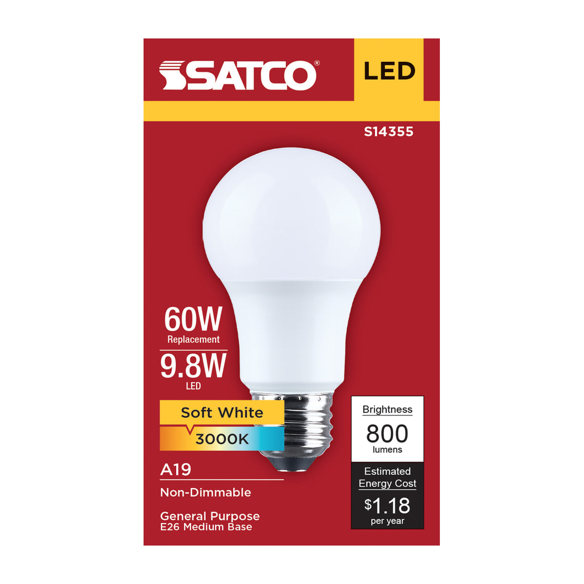 Satco S14355 9.8W A19 Soft White LED Light Bulb Medium Base