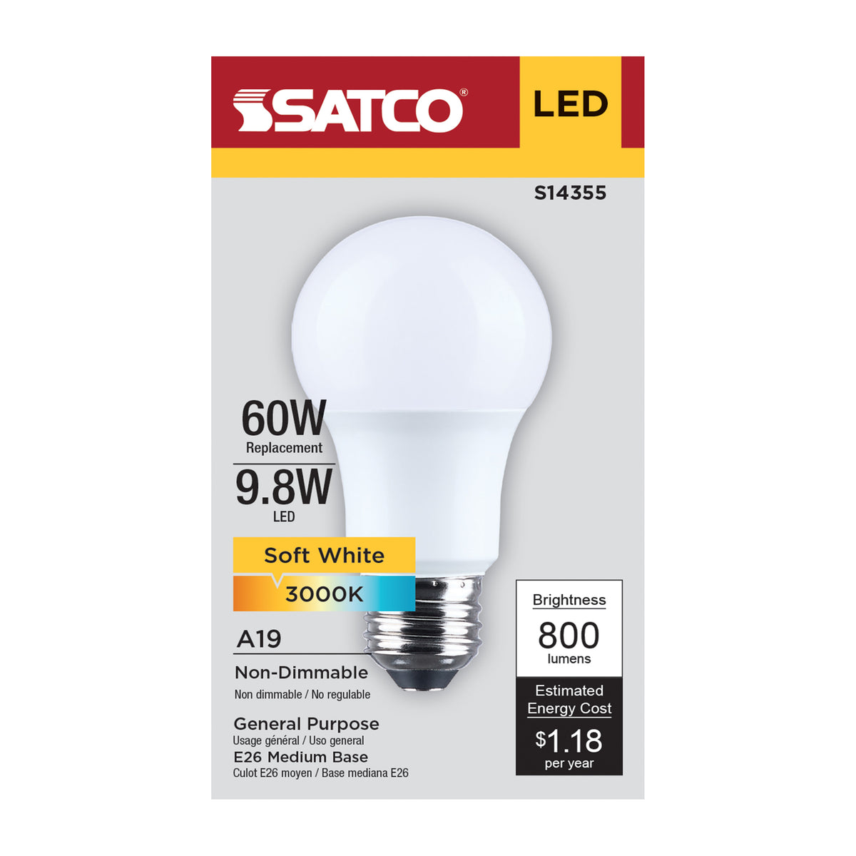 Satco S14355 9.8W A19 Soft White LED Light Bulb Medium Base