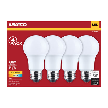 Satco S14356 9.8W A19 Soft White LED Light Bulb Medium Base