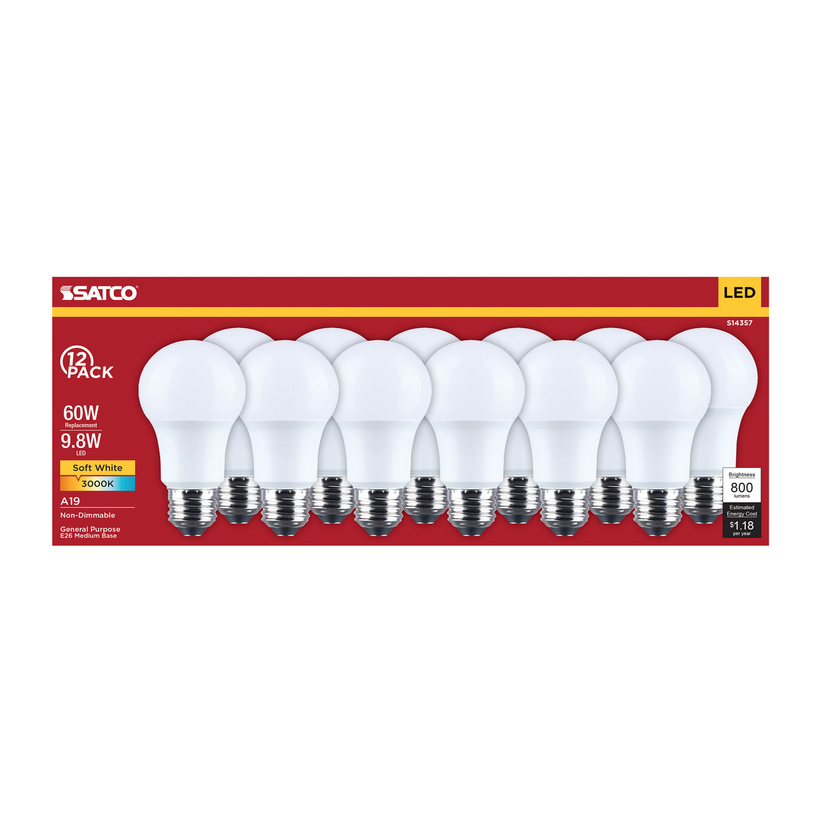 Satco S14357 9.8W A19 Soft White LED Light Bulb Medium Base