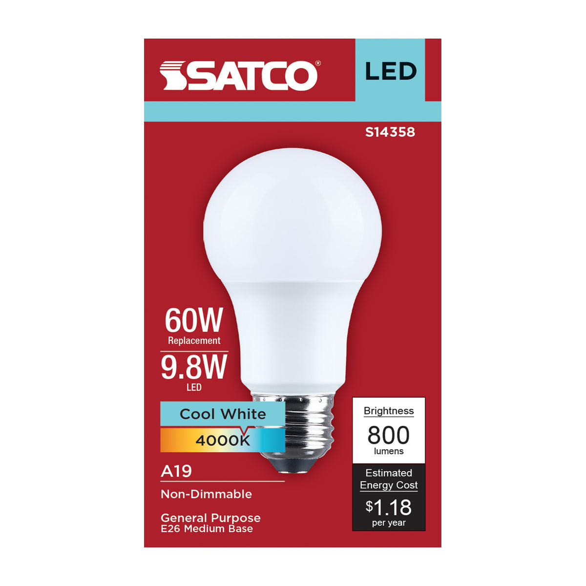 Satco S14358 9.8W A19 Cool White LED Light Bulb Medium Base