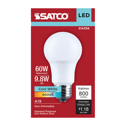 Satco S14358 9.8W A19 Cool White LED Light Bulb Medium Base