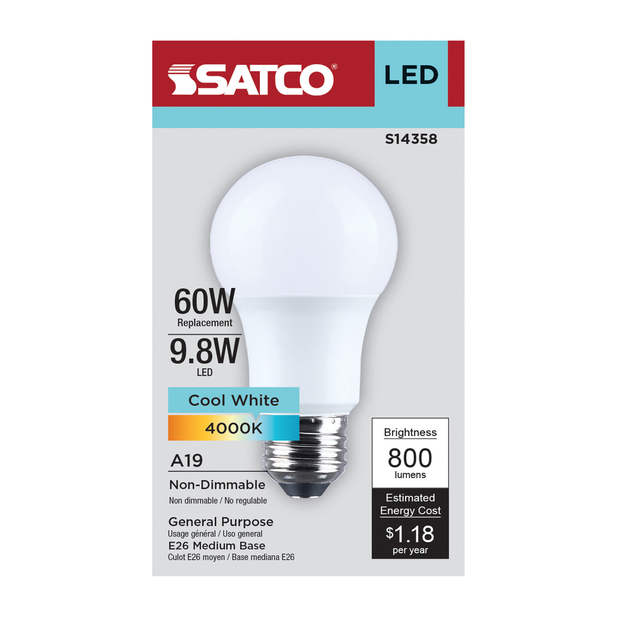 Satco S14358 9.8W A19 Cool White LED Light Bulb Medium Base