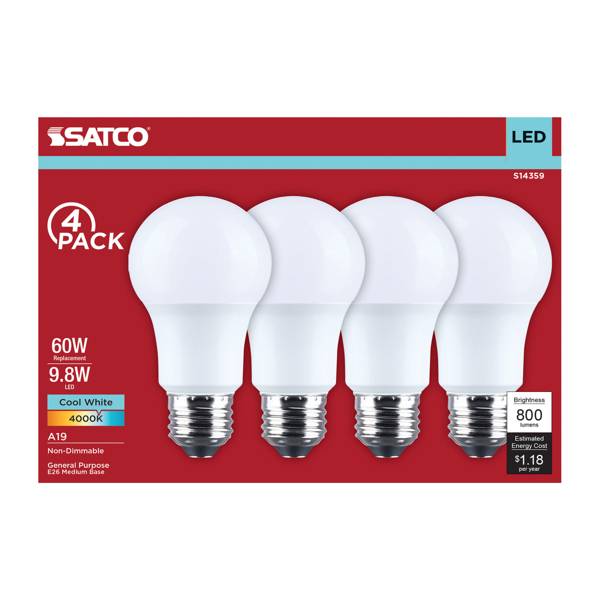 Satco S14359 9.8W A19 Cool White LED Light Bulb Medium Base