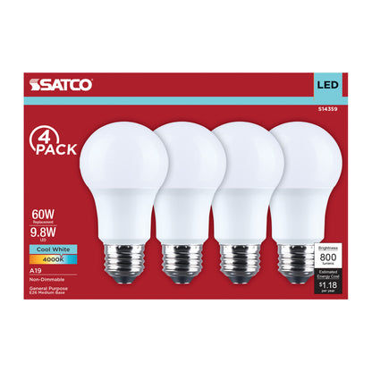 Satco S14359 9.8W A19 Cool White LED Light Bulb Medium Base