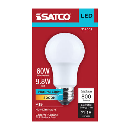 Satco S14361 9.8W A19 Natural Light LED Light Bulb Medium Base