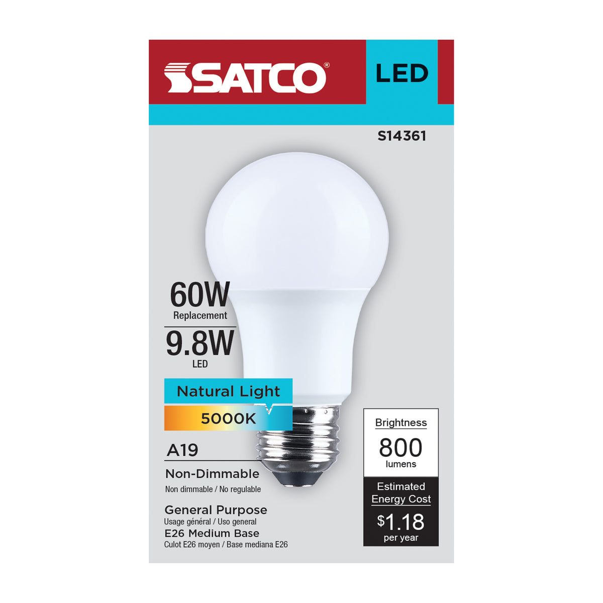 Satco S14361 9.8W A19 Natural Light LED Light Bulb Medium Base