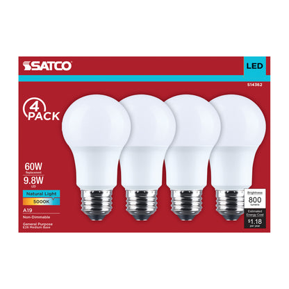 Satco S14362 9.8W A19 Natural Light LED Light Bulb Medium Base